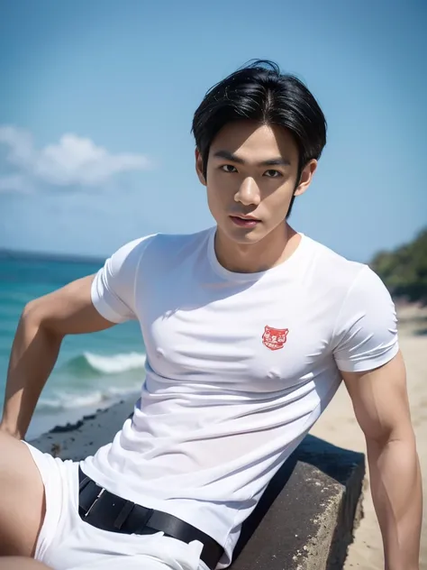 A handsome, muscular young Asian man looks at the camera. In a simple t-shirt white and red , Fieldside, grass, beach, sunlight, Carrying a camera