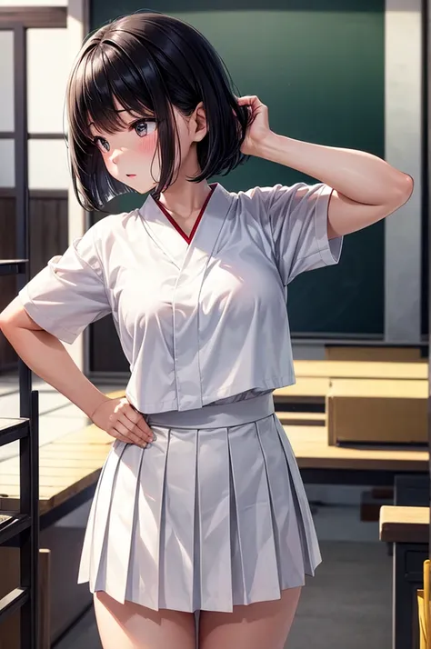 Best image quality, Japanese Classroom, White underwear, White Uniform, Flip up the skirt, Embarrassed face, solo, woman, Black Hair, Bob Hair