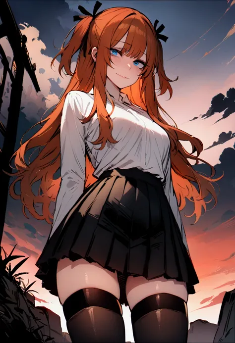 (masterpiece), best quality, expressive eyes, perfect face, 1girl, solo, blue eyes, dark orange Hair, Loose hair, hair ribbon, long hair, black ribbon, sidelocks, bangs two side up, smile, black skirt, black thigh-highs, long sleeves, miniskirt, pleated sk...