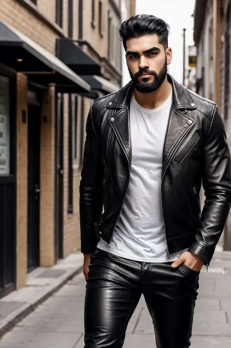 black eyes, black hair, square jaw, trimmed beard, thick eyebrows, completely handsome, leather jacket, leather pants 