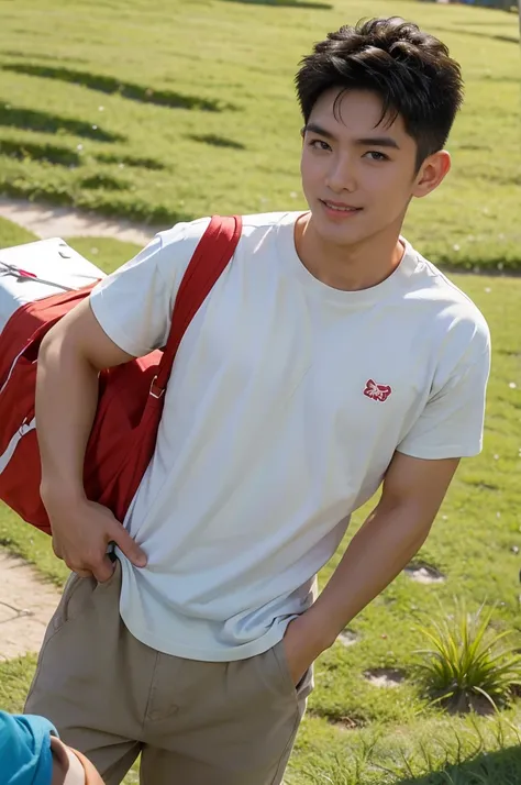 a handsome, muscular young asian man looks at the camera. in a simple t-shirt white and red , fieldside, grass, beach, sunlight,...