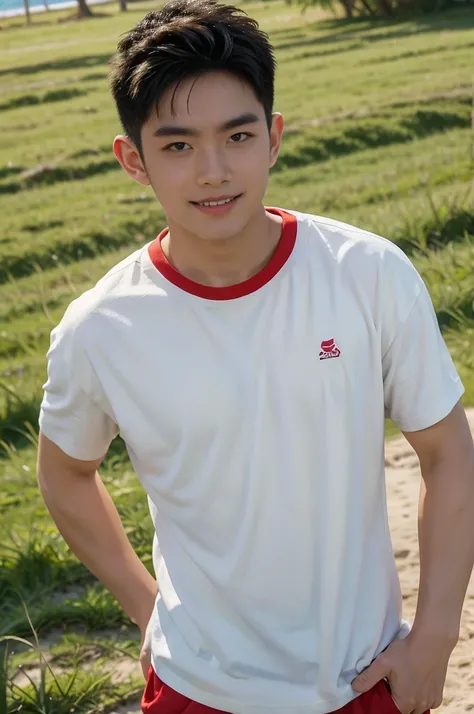 A handsome, muscular young Asian man looks at the camera. In a simple t-shirt white and red , Fieldside, grass, beach, sunlight, Carrying a camera, smiling