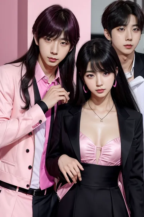 Namjoon and jin are couple from bts korean boy band Namjoon jin ceo looking very hot with black suit and jin his girlfriend wearing a pink boycon dress with long hair dark lipstick and very pretty