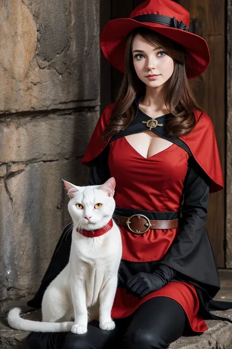 Cute anim female mage with Red hat and Black masked is sitting on the chest In dungeon, In front of her is sitting beautiful female White Cat 