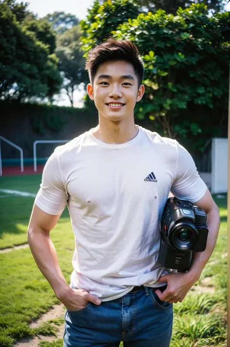 Young Korean man in a white t-shirt and jeans, A handsome, muscular young Asian man looks at the camera. In a simple t-shirt white and red , Fieldside, grass, beach, sunlight, Carrying a camera, smiling