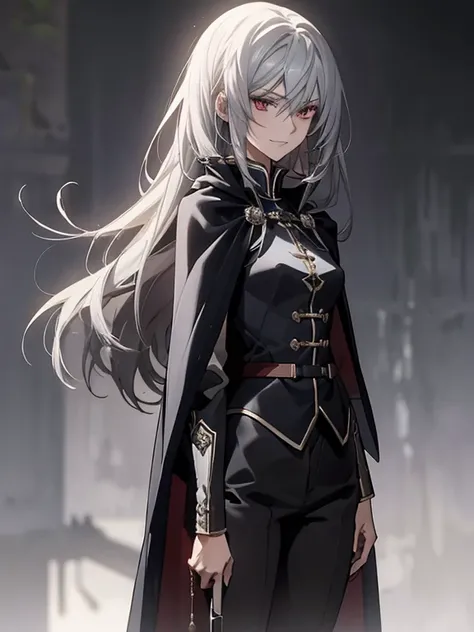 (Confused, High resolution, Very detailed), 1 female, Silver Hair,Long Hair,Crimson Eyes,Blue and black military uniform,24th generation,beauty,mature,thin,quiet,Calm,A small smile,Long Cape,Slender and thin,,skinny pants,grassland,Small breasts,