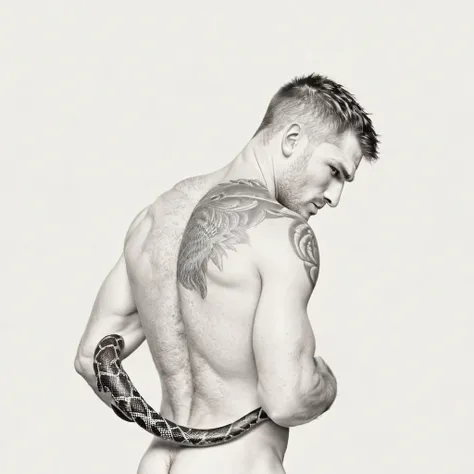 male torso, shirtless, muscular, arms crossed, facing down, snake tails on head, photorealistic 