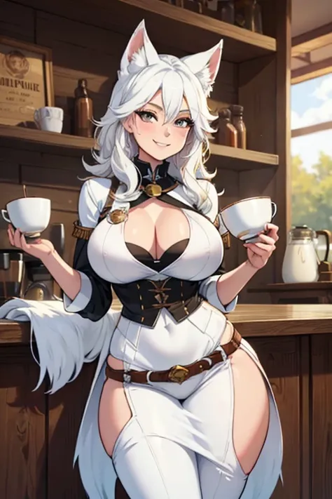 A white haired female cowgirl with copper eyes with an hourglass figure with white fox ears and a white fox tail in a conservative cowgirl outfit is making coffee in the sheriffs office with a big smile