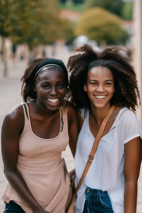 Dans une photo en gros plan attachante, deux jeunes femmes européennes et africaines proches, avec des sourires radieux et des yeux pétillants, se tenir joue contre joue, regarder directement le spectateur. Le véritable lien qui les unit est évident dans l...