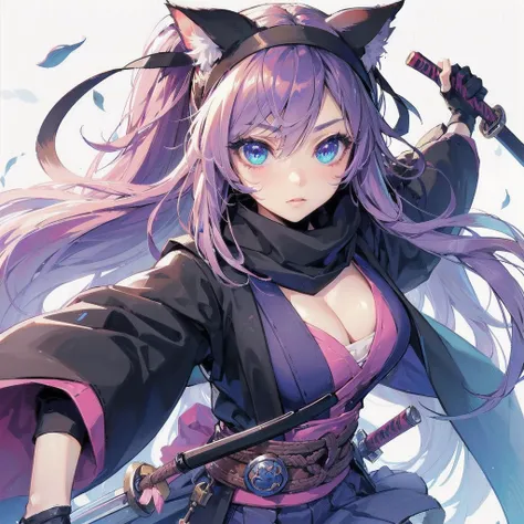  masterpiece, (textured skin), best quality, gorgeous beautiful girl, (a female 
cat ears,cat tail),ninja,detailed clothes,large breasts,narrow waist,, (beautiful face), cinematic lighting, (fantasy anime art ),