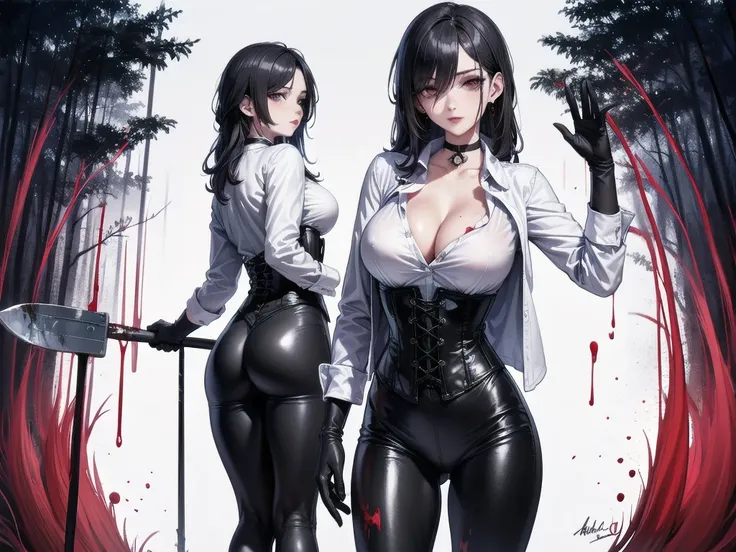 ((blood droplets)), ((blood)), ((blood splatter)), ((blood on clothes)), ((blood stain)), Masterpiece, Beautiful art, professional artist, 8k, Very detailed face, Detailed clothing, detailed fabric, 1 girl, view from behind, perfect ass, standing, BIG BREA...