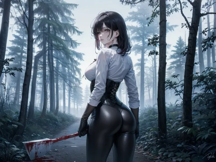 ((blood droplets)), ((blood)), ((blood splatter)), ((blood on clothes)), ((blood stain)), Masterpiece, Beautiful art, professional artist, 8k, Very detailed face, Detailed clothing, detailed fabric, 1 girl, view from behind, perfect ass, standing, BIG BREA...