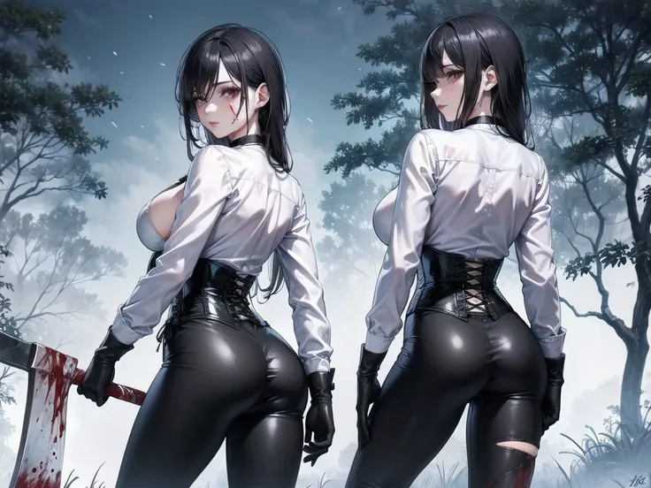 ((blood droplets)), ((blood)), ((blood splatter)), ((blood on clothes)), ((blood stain)), Masterpiece, Beautiful art, professional artist, 8k, Very detailed face, Detailed clothing, detailed fabric, 1 girl, view from behind, perfect ass, standing, BIG BREA...