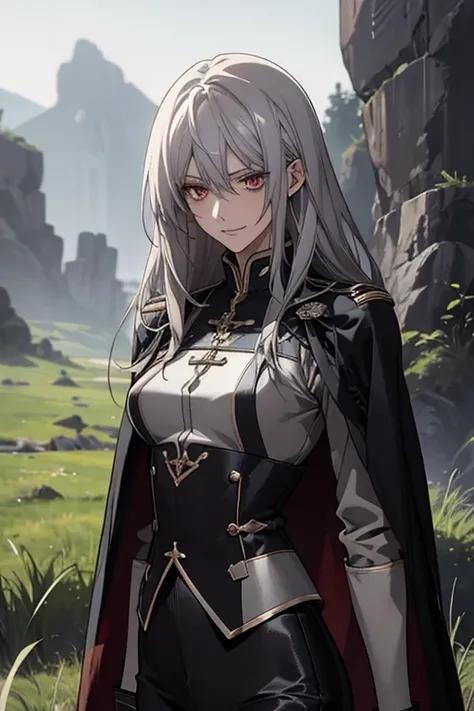 (Confused, High resolution, Very detailed), 1 female, Silver Hair,Long Hair,Crimson Eyes,Blue and black military uniform,24th generation,beauty,mature,thin,quiet,Calm,A small smile,Long Cape,Slender and thin,,skinny pants,grassland,Small breasts,