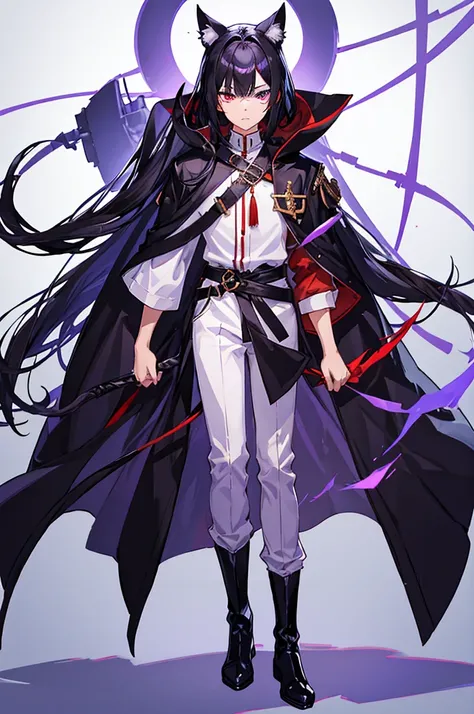 Black Hair少年，Around fifteen years old，Black Hair，Cat ear，Cat tail，Purple cloak，Heterochromia，Red left eye，Blue right eye，White shirt，Purple cloak，Standing，whole body，For the audience，White background，masterpiece，HD，4K，Detailed facial depiction，Black trouse...