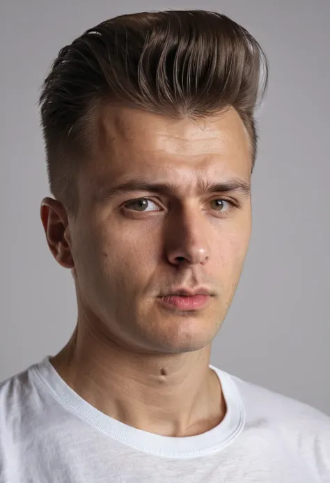 a serious-looking russian man with and pompadour haircut, wearing a white t-shirt, closeup portrait, dramatic lighting, white background, gloomy, (best quality,8k,highres,masterpiece:1.2),ultra-detailed,(realistic,photorealistic,photo-realistic:1.37),HDR,s...