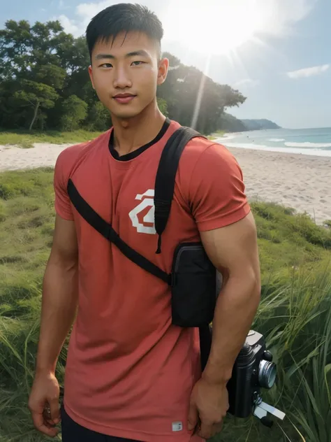 a handsome, muscular young asian man looks at the camera. in a simple black and red t-shirt. , fieldside, grass, beach, sunlight...