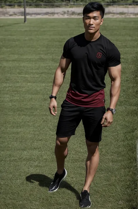 A handsome, muscular young Asian man looks at the camera. In a simple black and red t-shirt. , Fieldside, grass, beach, sunlight, Carrying a camera