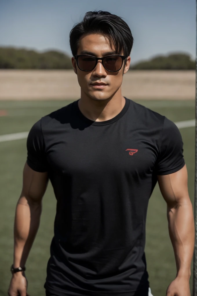 a handsome, muscular young asian man looks at the camera. in a simple black and red t-shirt. , fieldside, grass, beach, sunlight...