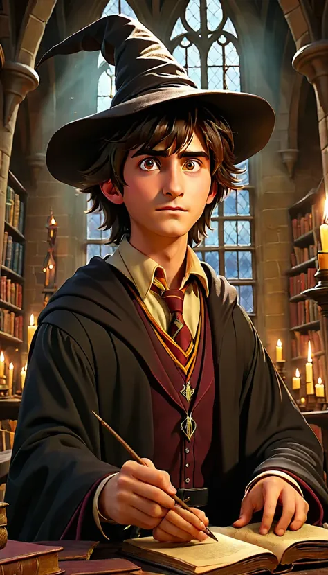 young man ,Wear the Sorting Hat from the Harry Potter movies.,At Hogwarts School of Witchcraft and Wizardry, View from below, Drawing a picture of a dream atmosphere, Highly detailed movie scenes, visionary art., CGI style, Cozy mystery, Masterpiece 8k wal...