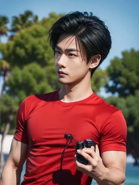 A handsome, muscular young Asian man looks at the camera. In a simple black and red t-shirt. , Fieldside, grass, beach, sunlight, Carrying a camera