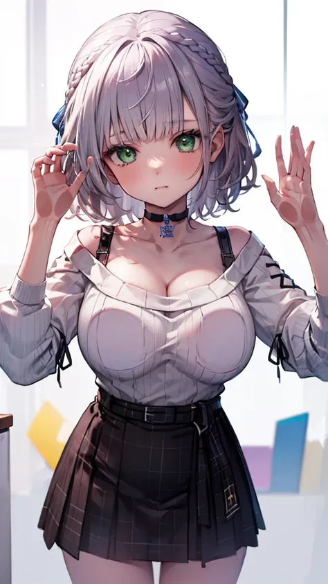 (Ultra-high resolution,masterpiece, Attention to detail, Highest quality), 8K,(ccnoel, short hair, french braid, hair ribbon, green eyes, black choker, collarbone, cleavage, off-shoulder sweater, white sweater, plaid skirt),(Blessed,Captivating body、Ultra-...