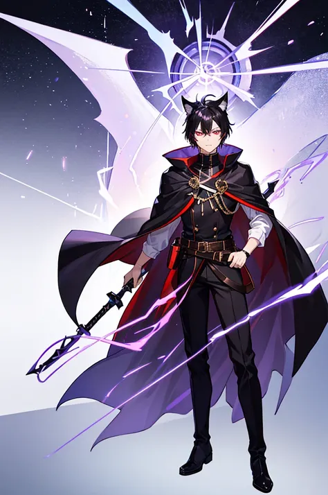 Black Hair少年，Around fifteen years old，Black Hair，Cat ear，Cat tail，Purple cloak，Heterochromia，Red left eye，Blue right eye，White shirt，Purple cloak，Standing，whole body，For the audience，White background，masterpiece，HD，4K，Detailed facial depiction，Black trouse...