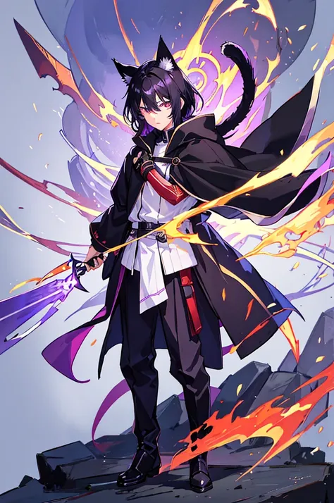 Black Hair少年，Around fifteen years old，Black Hair，Cat ear，Cat tail，Purple cloak，Heterochromia，Red left eye，Blue right eye，White shirt，Purple cloak，Standing，whole body，For the audience，White background，masterpiece，HD，4K，Detailed facial depiction，Black trouse...