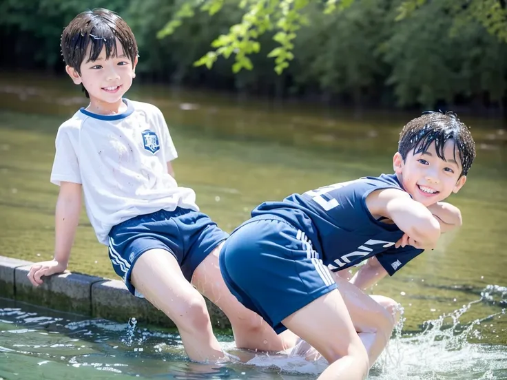 In the forest、Swimming in the river、Cool and refreshing water、Cute elementary school boy、１０Year old boy、Boy in gym clothes、The bottom of the white T-shirt is blue、Blue shorts、The boys are playing、Get wet all over、Noisy boys、Splashing Water、Japanese、（Boy 1....