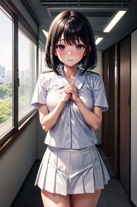 Best image quality, Japanese Classroom, White underwear, uniform, Flip up your skirt with both hands, Embarrassed face, solo, woman, Black Hair, Bob Hair