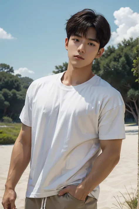 A handsome, muscular young Asian man looks at the camera. In a simple t-shirt white and red , Fieldside, grass, beach, sunlight, Carrying a camera