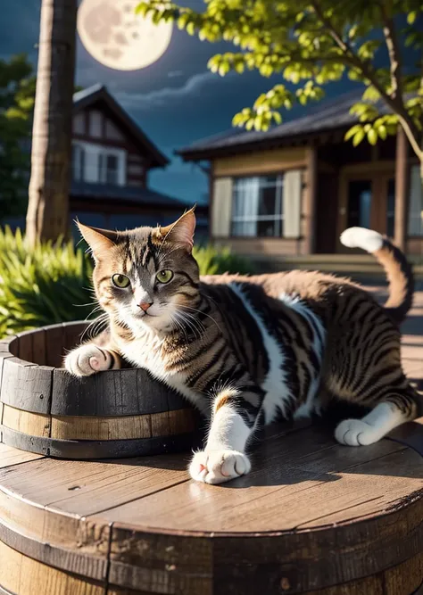 A cat lying on a large wooden barrel in front of an old mud-walled house、Brown tabby cat with eight divided patterns、Under the fresh green tree、Moonlit Night、The moon is half hidden by the clouds、High color reproducibility、Attention to detail