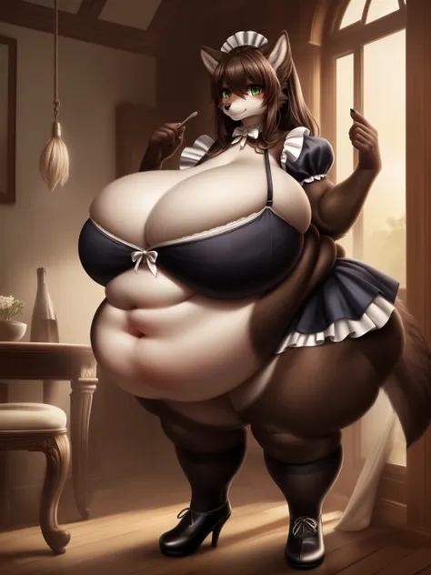 (8K, Masterpiece, high resolution, super fine illustration:1.3), (mature, mannish, cool:1.35), fluffy, green eyes, perfect anatomy, detailed background, (solo, dark brown fur, 1 female wolf kemono:1.5), at European style café, (Victorian maid clothing, ski...