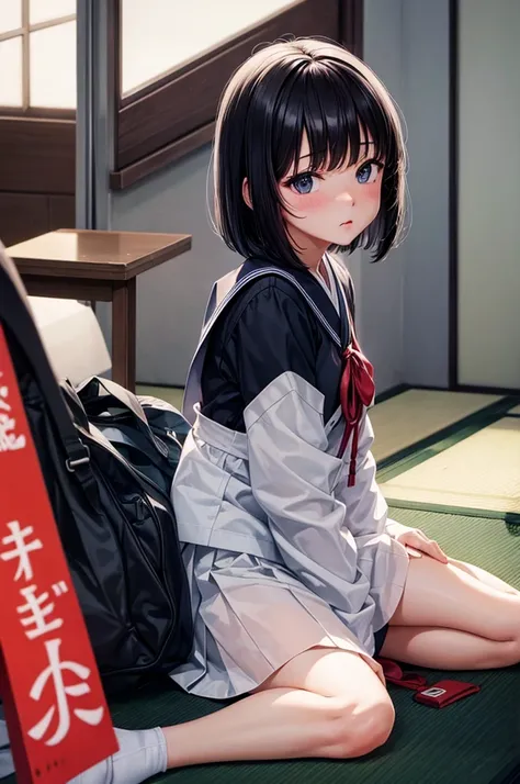 Best image quality, Japanese Classroom, White underwear, uniform, Embarrassed face, solo, woman, Black Hair, Bob Hair