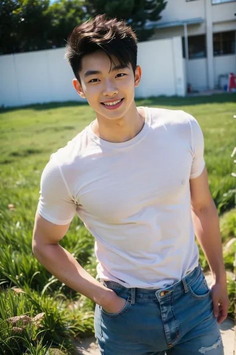 Young Korean man in a white t-shirt and jeans, A handsome, muscular young Asian man looks at the camera. In a simple t-shirt white and red , Fieldside, grass, beach, sunlight, Carrying a camera, smiling