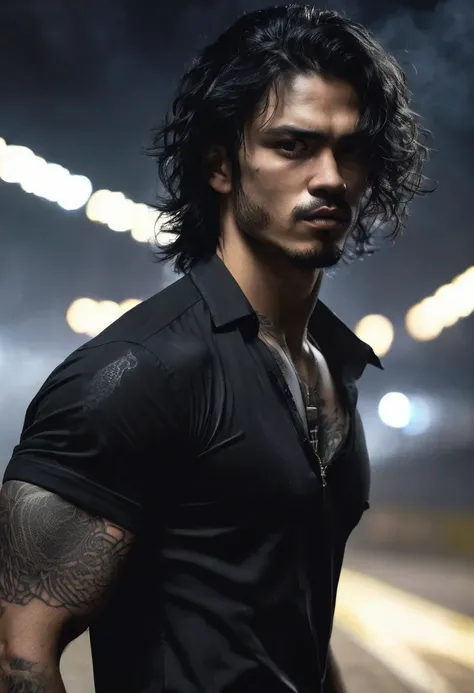 1 man, inside a clandestine race track, wearing a black shirt, detailed facial features, beautiful black and masculine eyes, detailed light skin, medium-length black hair wavy and messy, soft expression, tattoos on the body, dramatic lighting, cinematic co...