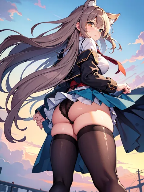 thighs thighs thighs thighs、(the Extremely Detailed CG Unity 8K Wallpapers,masutepiece, Best Quality, Ultra-detailed),Commuting to school,Unexpectedly strong wind blows, Panty Shot.from below,Skirt fluttering,turned around, panties, 