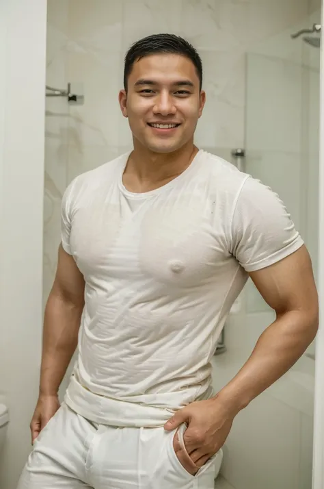 ((Highest quality, 8K, Masterpiece: 1.3))、Thailand Laos Burma Asia, Thai man, A handsome Asian rugby player with short hair, a muscular beard, and big muscles., １A man who has、 yo、Good appearance、Beautiful nose、smile、 Detailed eyes and face、beautiful light...