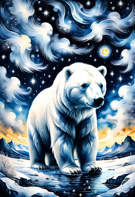 Black and white simple painting,Arctic Landscape,Polar Bear,detailed pattern,Lovely,charming,masterpiece,detailed,Rendering,Oil paints,watercolor,general brushStrokes,Stroke,masterpiece,最高masterpiece,Beautiful starry sky