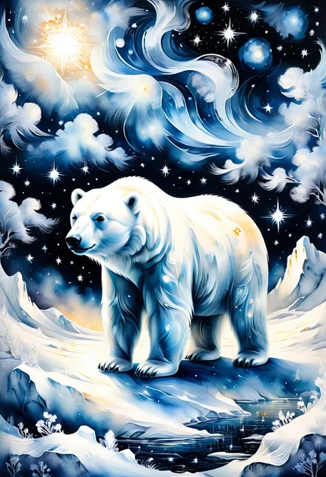 Black and white simple painting,Arctic Landscape,Polar Bear,detailed pattern,Lovely,charming,masterpiece,detailed,Rendering,Oil paints,watercolor,general brushStrokes,Stroke,masterpiece,最高masterpiece,Beautiful starry sky