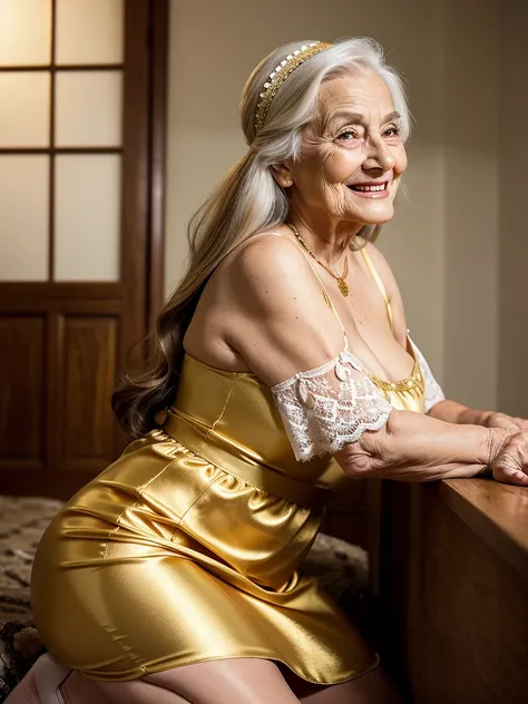 Mature old woman 80 years with long hair, plus size, old face and body with many wrinkles, loose skin, smiling standing on plain with beautiful view, posing for photo, She wearing short gold dress with white pattern and white lace stockings, side view. jaw...