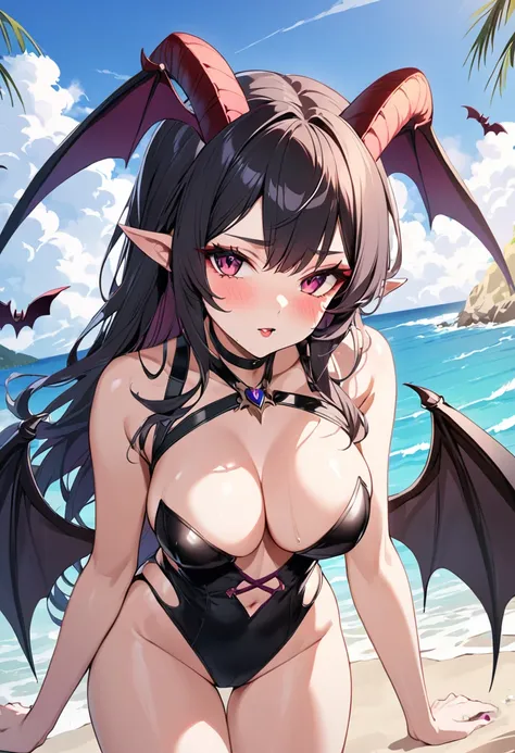 Succubus, High leg swimsuit,A beautiful woman,Beautiful breasts,Outdoor,Beach,Goat horns on the sides of the head,bat wings on the back,