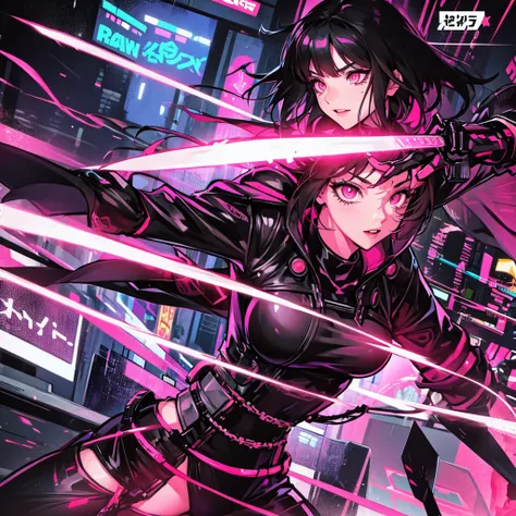 Cyberpunk;  female Protagonist;  black hair;  girl;  comic cover;  katana;  pink eyes; short hair;  cover; action;