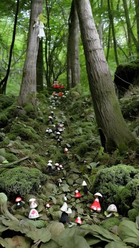 Small dolls, Japanese forest, full of dolls, lots of dolls, big mushrooms, walking dolls, scary