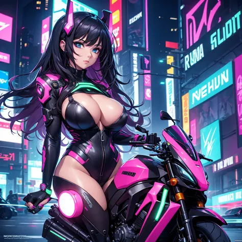 Cyberpunk girl with huge breasts in a neon suit with huge cleavage on a futuristic motorcycle in the city