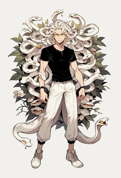 human Male, Black shirt, white Snake Hair ,yellow pupils ,((Best design Character)) ,Full body 