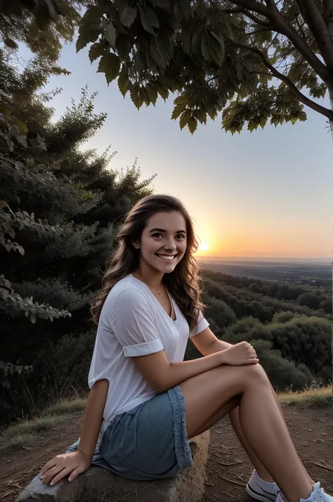 Girl sitting on a hill at sunset