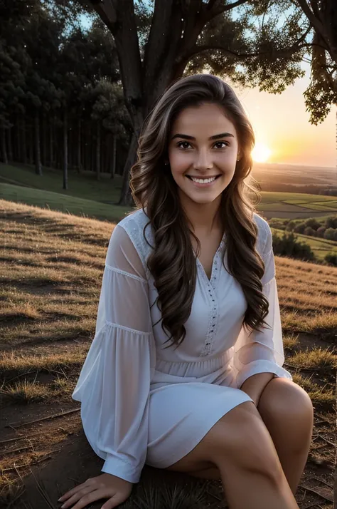 Girl sitting on a hill at sunset