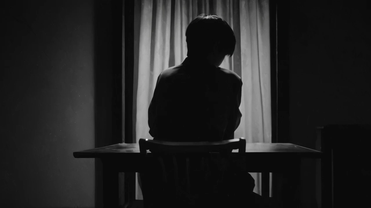 A dark and poorly lit room, A man is sitting at the table, with your back to the window. The dim light reveals a shadowy figure discreetly peering through the half-open curtains.. Your eyes glow faintly in the darkness, creating an atmosphere of suspense a...