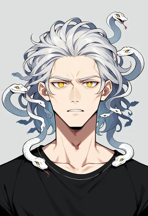 human Male, Black shirt, white Snake Hair ,yellow pupils ,((Best design Character)) , 